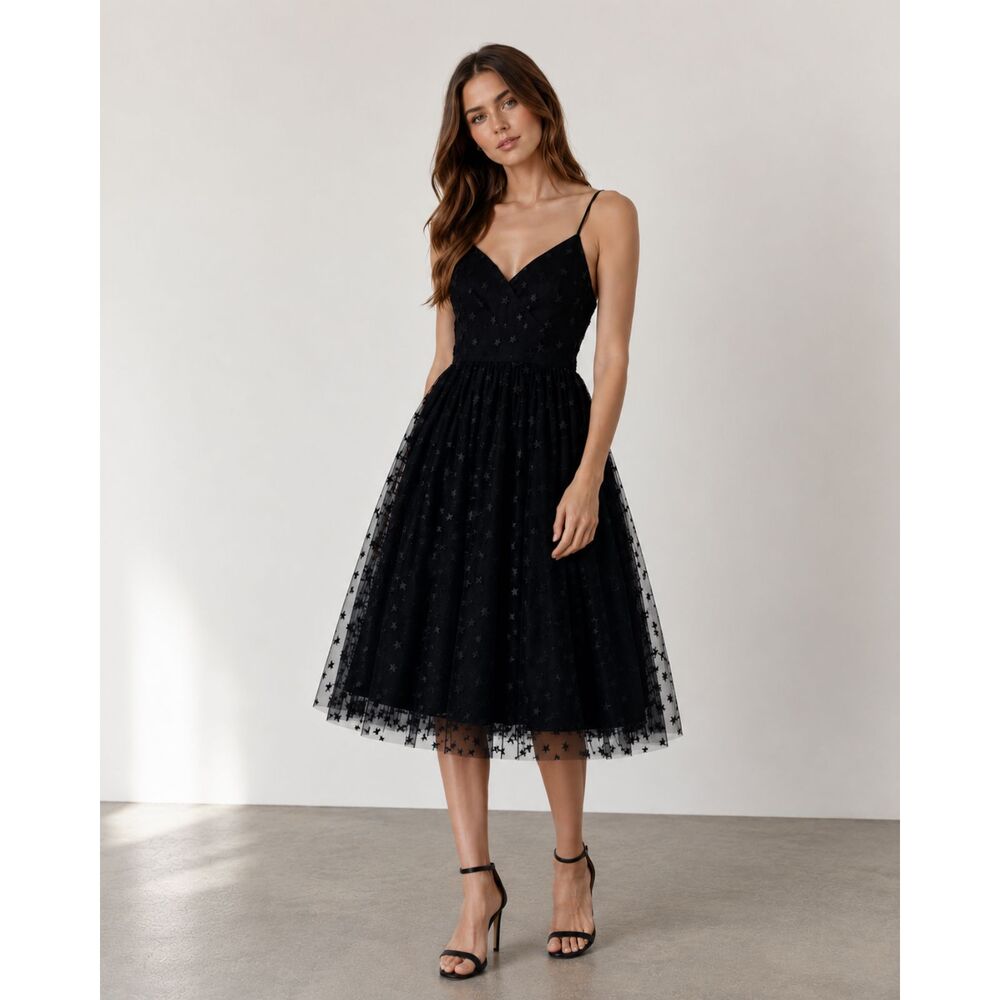 J.Crew Star Embroidered Tulle Black Midi Dress Size 2